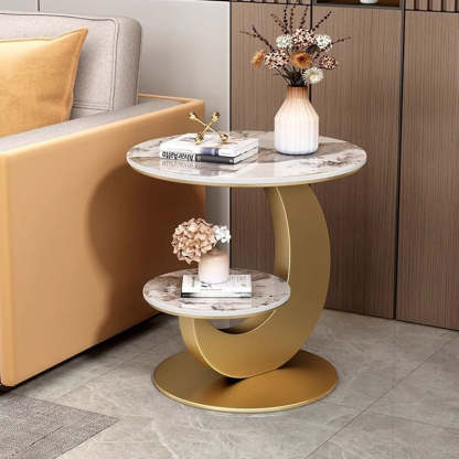 Modern Minimalist Round Curved Metal Rock Slab Side Table 2-Tier For Living Room
