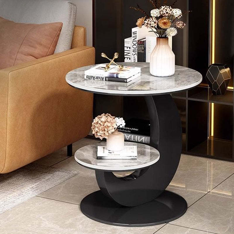 Modern Minimalist Round Curved Metal Rock Slab Side Table 2-Tier For Living Room