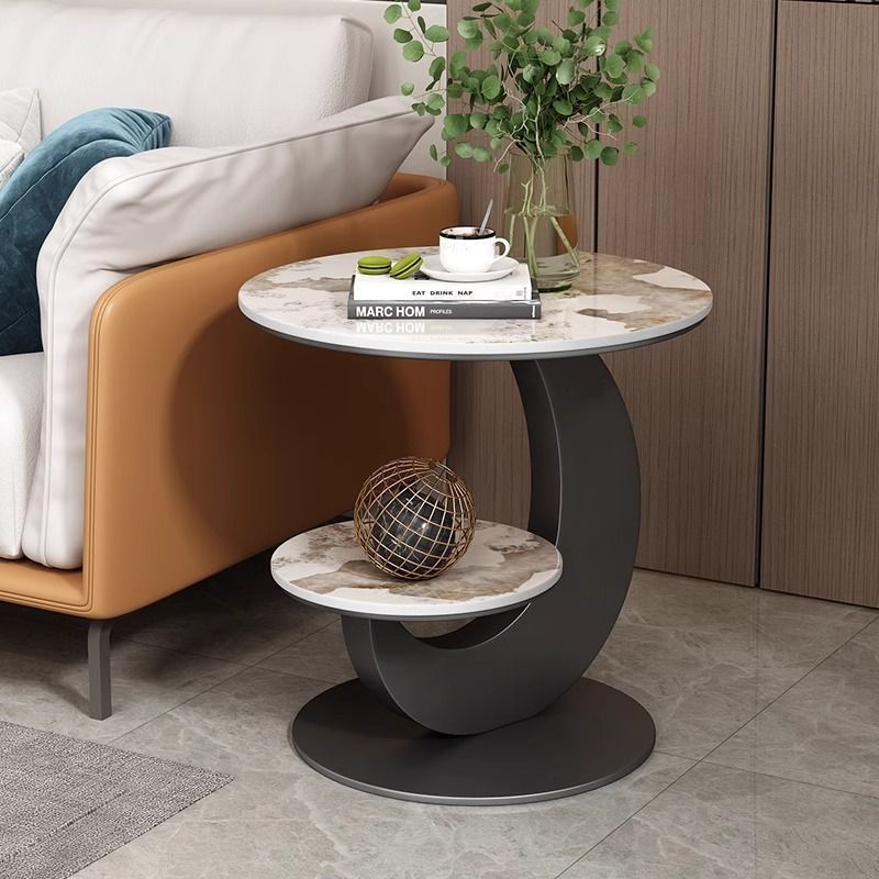 Modern Minimalist Round Curved Metal Rock Slab Side Table