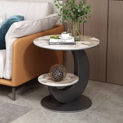 Modern Minimalist Round Curved Metal Rock Slab Side Table 2-Tier For Living Room