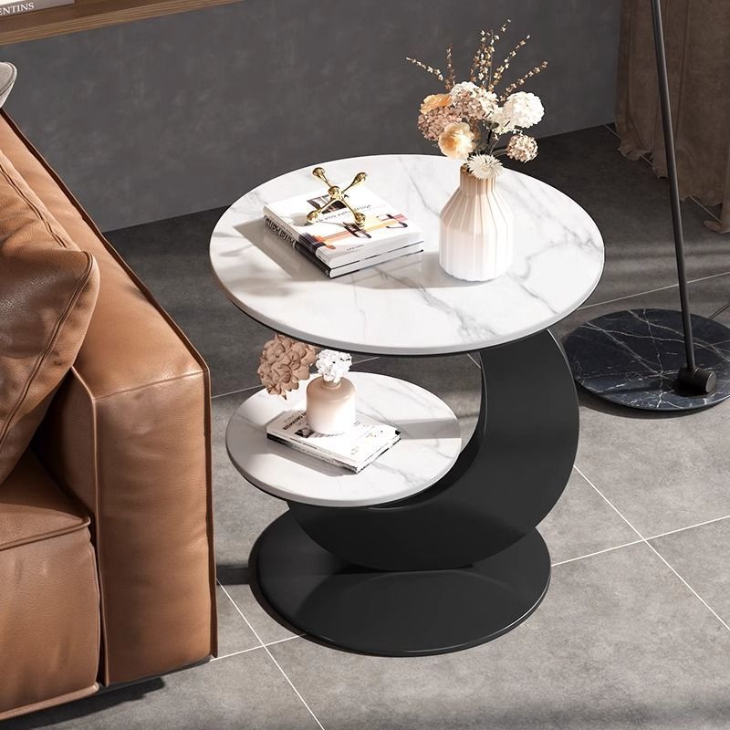 Modern Minimalist Round Curved Metal Rock Slab Side Table 2-Tier For Living Room