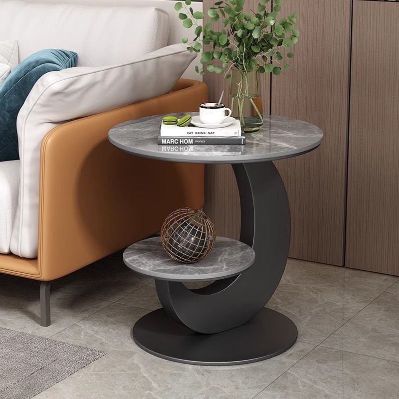 Modern Minimalist Round Curved Metal Rock Slab Side Table 2-Tier For Living Room