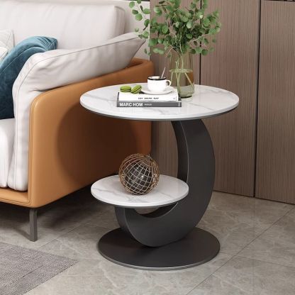 Modern Minimalist Round Curved Metal Rock Slab Side Table 2-Tier For Living Room