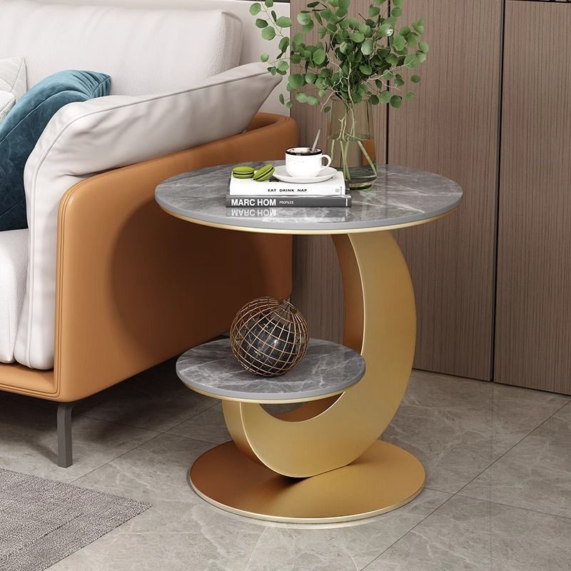 Modern Minimalist Round Curved Metal Rock Slab Side Table 2-Tier For Living Room
