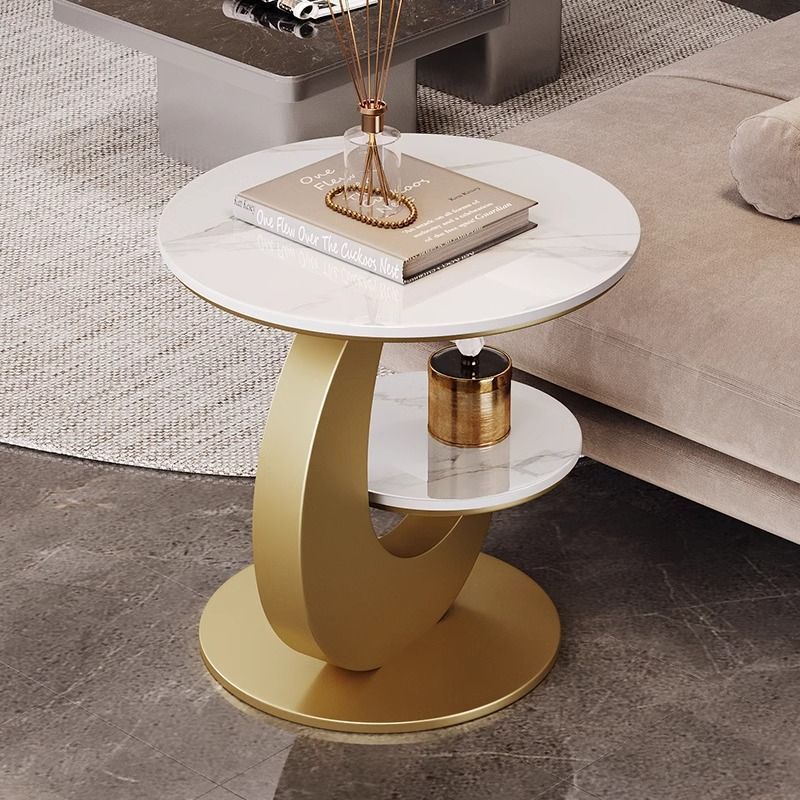 Modern Minimalist Round Curved Metal Rock Slab Side Table 2-Tier For Living Room