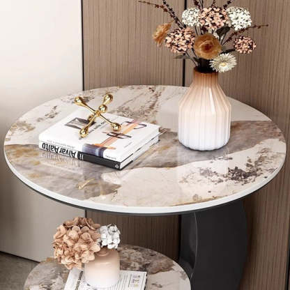 Modern Minimalist Round Curved Metal Rock Slab Side Table 2-Tier For Living Room
