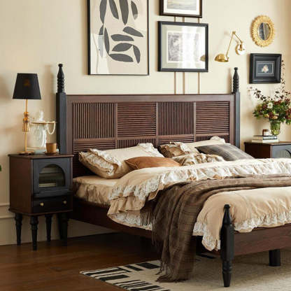 Vintage Wood Nightstand with Drawer — Black + Walnut Color