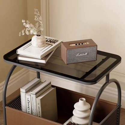 Scandinavian Iron Leather Glass 2-Tier Side Table