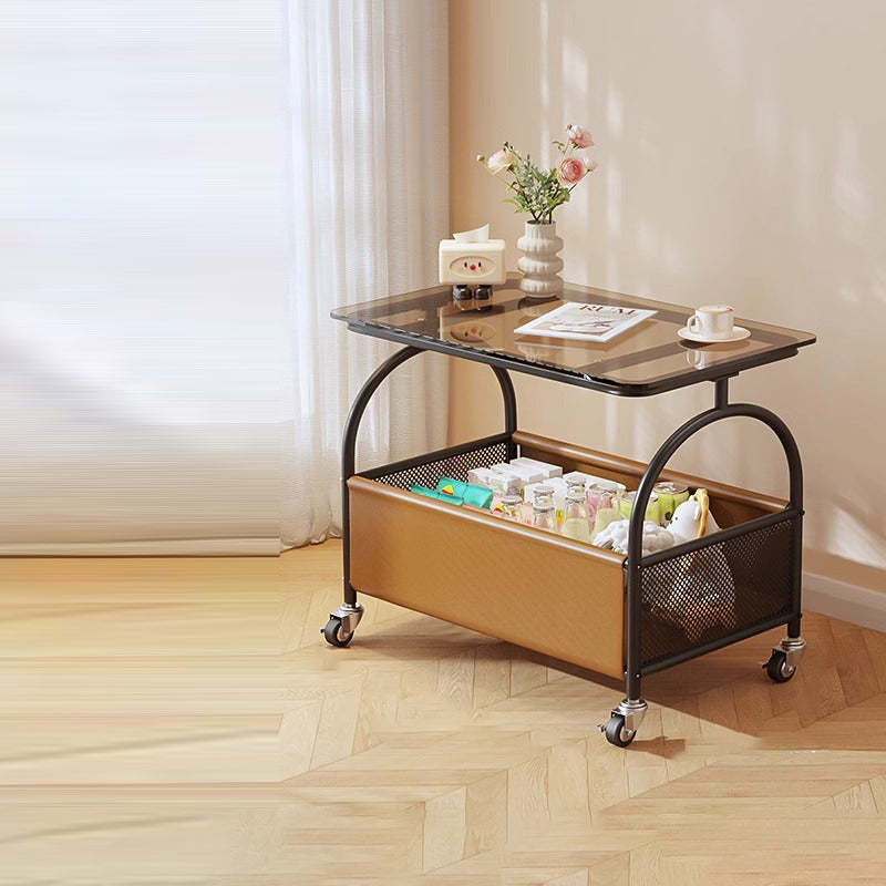 Scandinavian Iron Leather Glass 2-Tier Side Table — Black Frame + Smoke Gray Glass