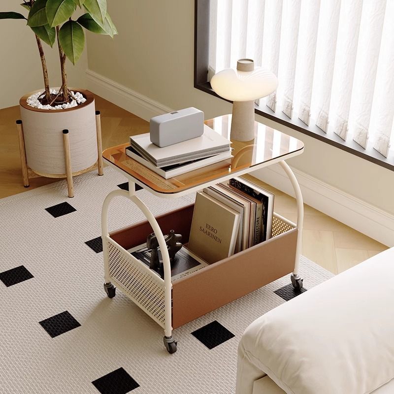 Scandinavian Iron Leather Glass 2-Tier Side Table