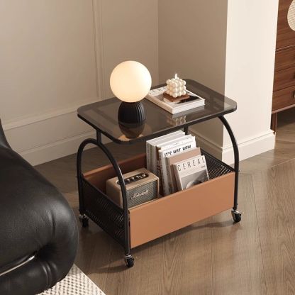 Scandinavian Iron Leather Glass 2-Tier Side Table