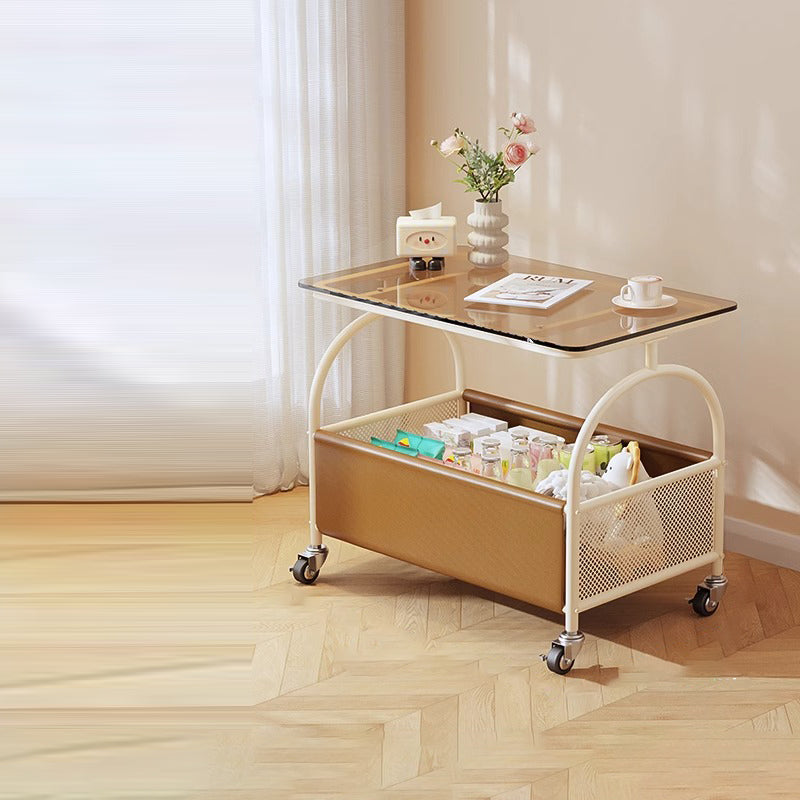 Scandinavian Iron Leather Glass 2-Tier Side Table — Black Frame + Tea Color Glass