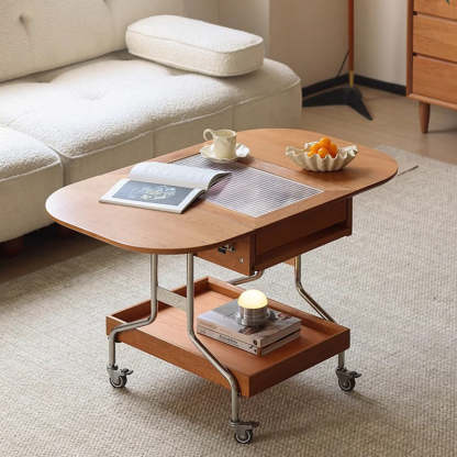 Minimalist Foldable Stainless Steel Coffee Table — Cherry Wood Color