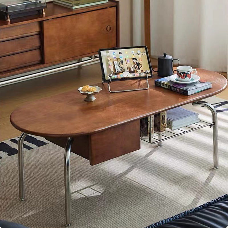 Vintage Oval Wood Steel 1-Drawer Coffee Table