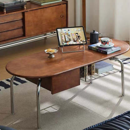 Vintage Oval Wood Steel 1-Drawer Coffee Table