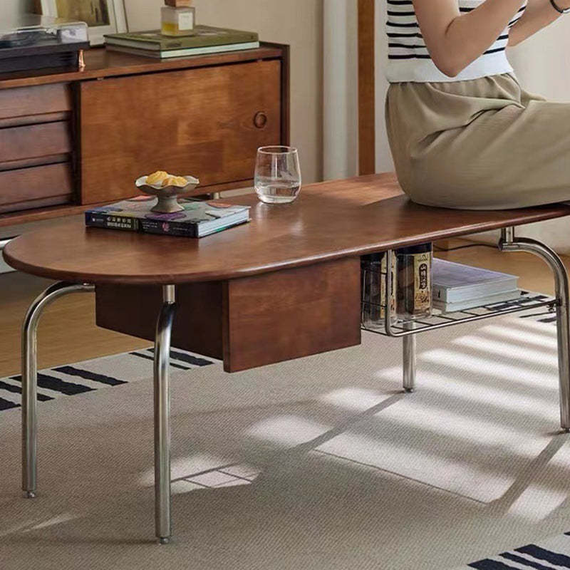 Vintage Oval Wood Steel 1-Drawer Coffee Table