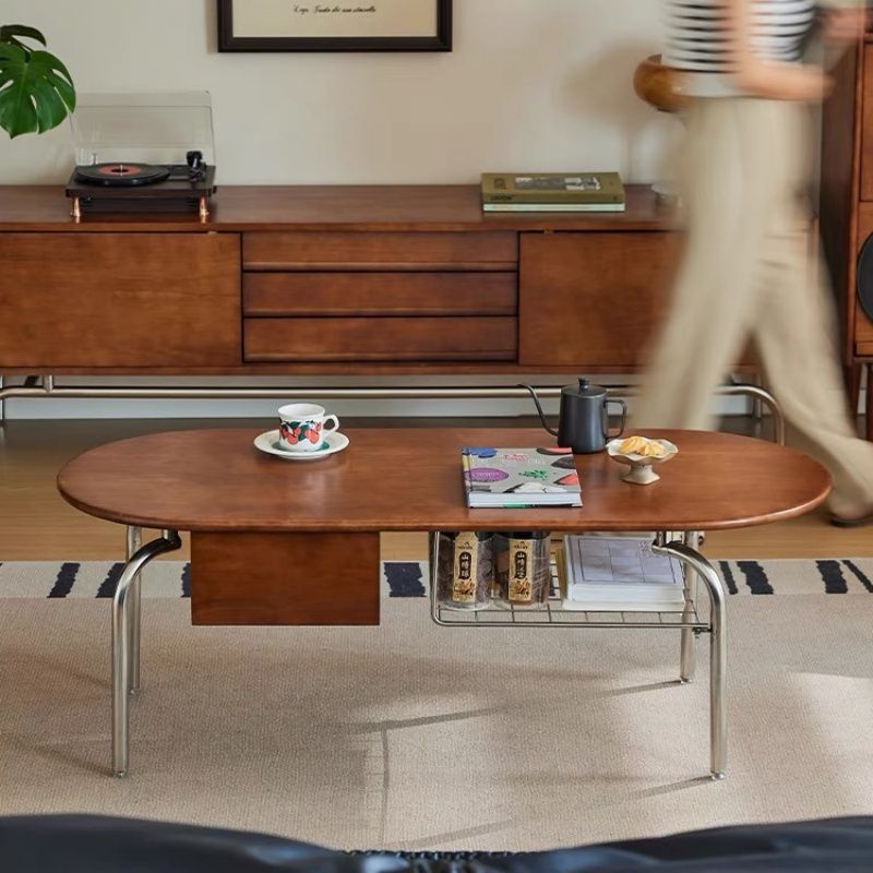 Vintage Oval Wood Steel 1-Drawer Coffee Table