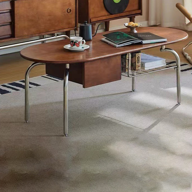 Vintage Oval Wood Steel 1-Drawer Coffee Table