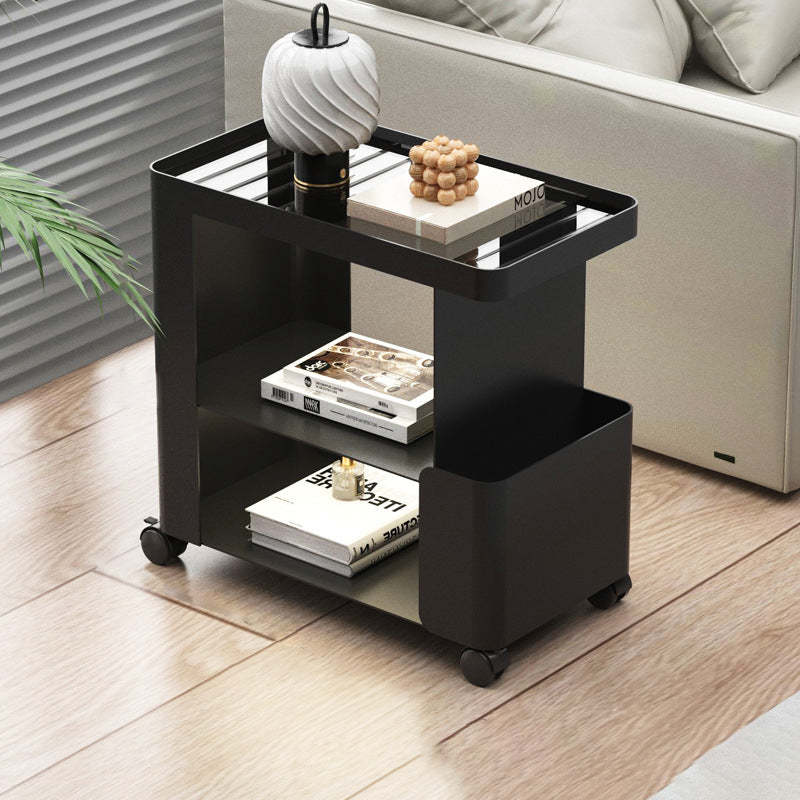 Minimalist Iron Glass 3-Tier Side Table — Iron / Black Without Wheel