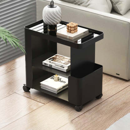 Minimalist Iron Glass 3-Tier Side Table — Iron / Black Without Wheel