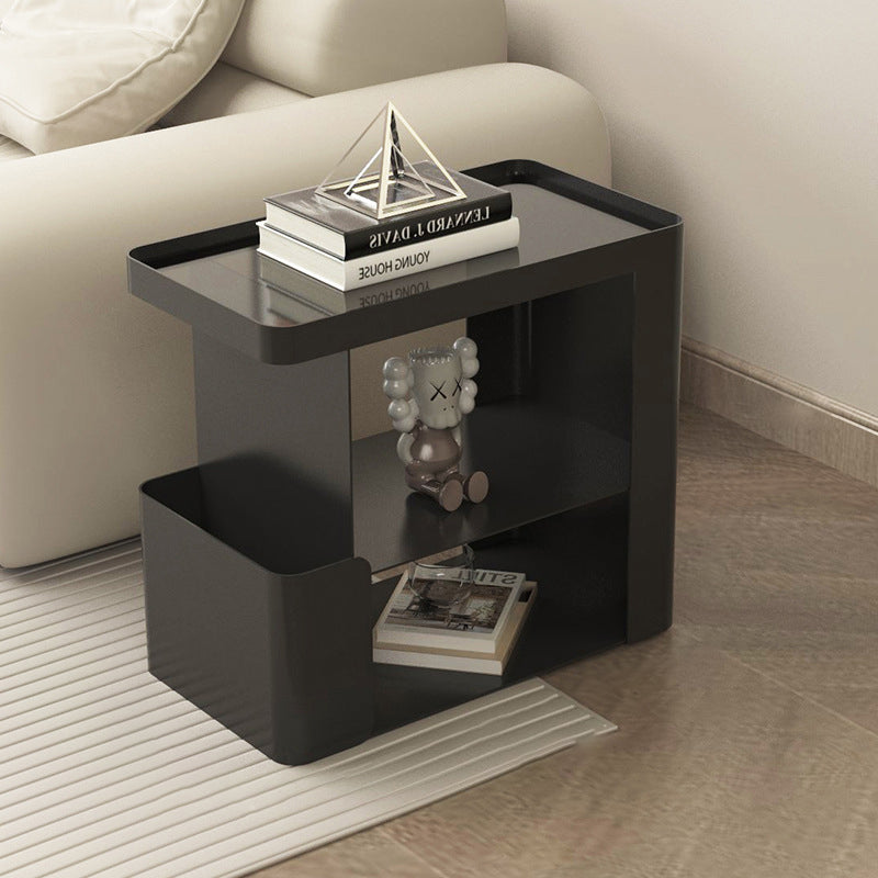 Minimalist Iron Glass 3-Tier Side Table — Iron / White With Wheel