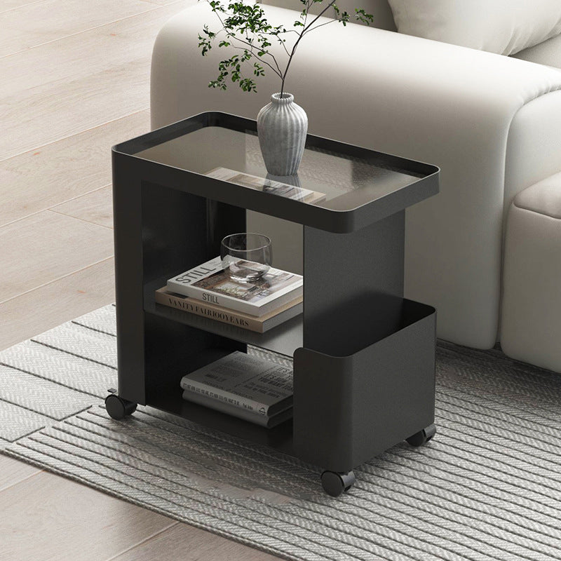 Minimalist Iron Glass 3-Tier Side Table — Glass / White Without Wheel