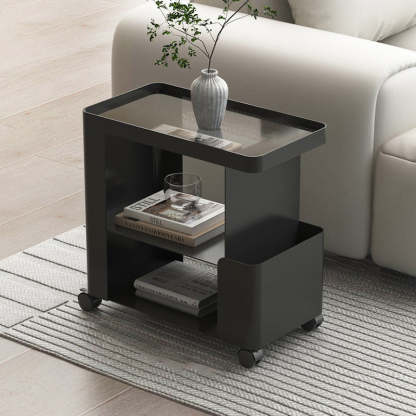 Minimalist Iron Glass 3-Tier Side Table — Glass / White Without Wheel