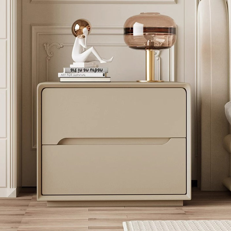 Minimalist Wood Leather 2-Drawer Nightstand — Khaki