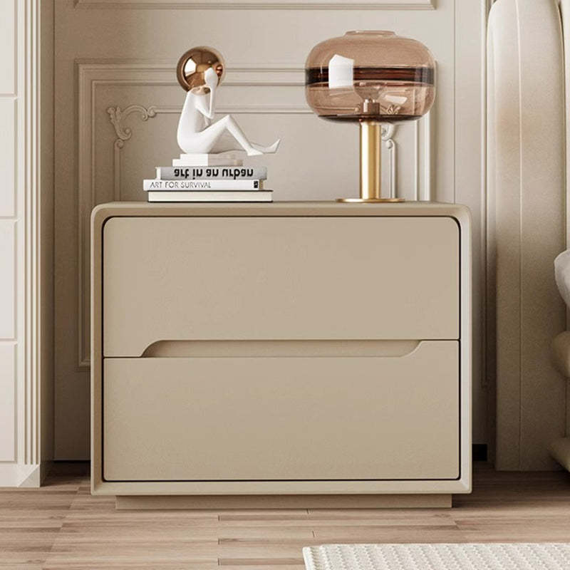 Minimalist Wood Leather 2-Drawer Nightstand — Khaki
