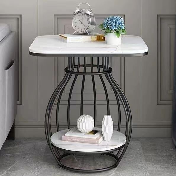Minimalist Metal Rock Slab 2-Tier Side Table — Round / Gold Frame + Lauren Black Board