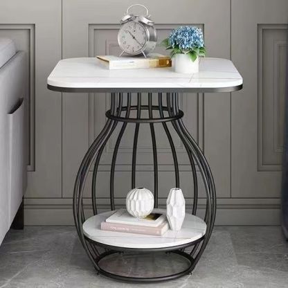 Minimalist Metal Rock Slab 2-Tier Side Table — Round / Gold Frame + Lauren Black Board