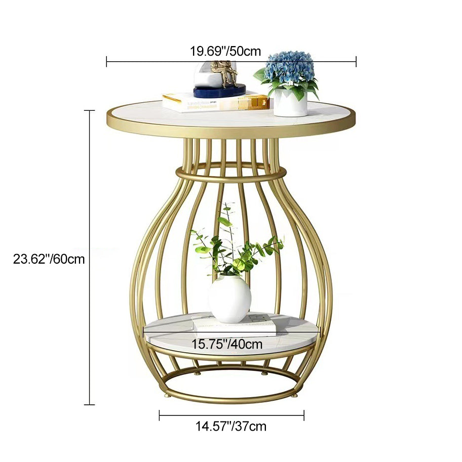 Minimalist Metal Rock Slab 2-Tier Side Table — Round / Black Frame + Marble White Board