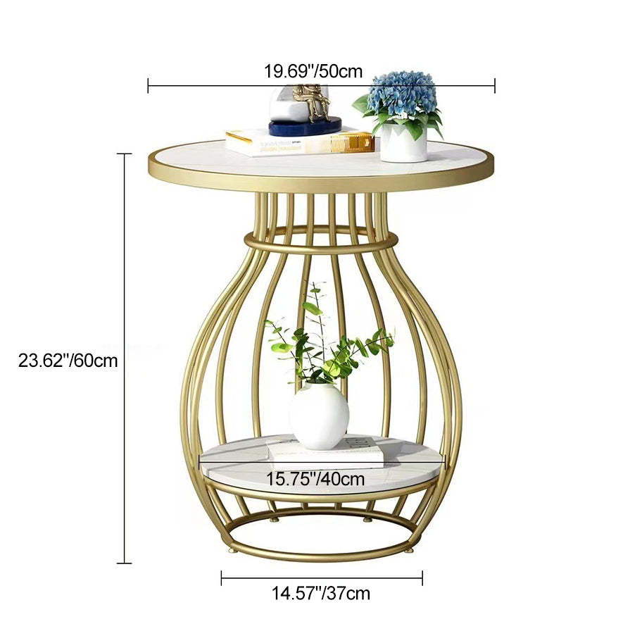 Minimalist Metal Rock Slab 2-Tier Side Table — Round / Black Frame + Marble White Board