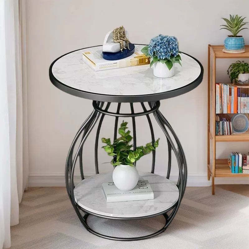 Minimalist Metal Rock Slab 2-Tier Side Table — Rectangle / Gold Frame + Marble White Board
