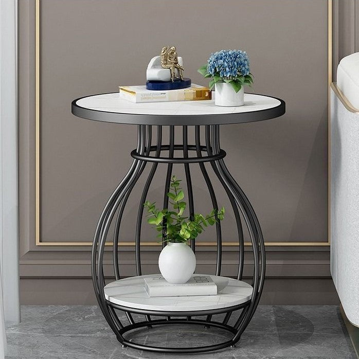 Minimalist Metal Rock Slab 2-Tier Side Table — Rectangle / Black Frame + Marble White Board