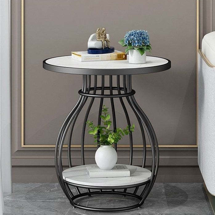 Minimalist Metal Rock Slab 2-Tier Side Table — Rectangle / Black Frame + Marble White Board