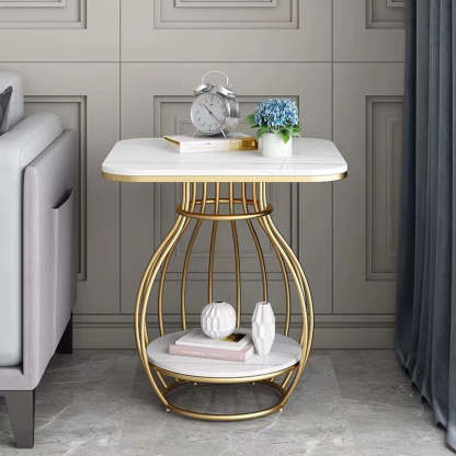 Minimalist Metal Rock Slab 2-Tier Side Table — Round / Black Frame + Lauren Black Board