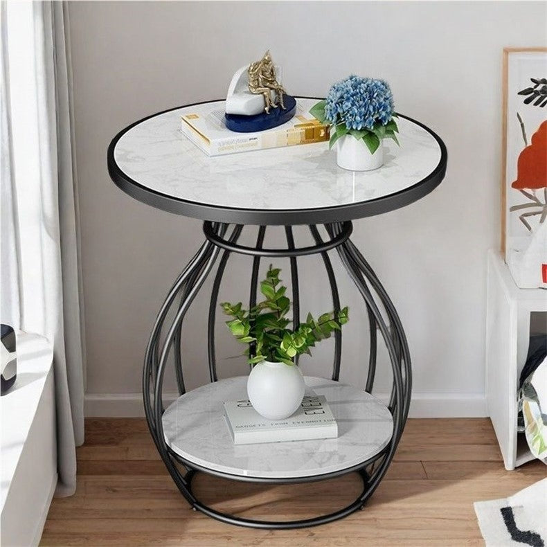 Minimalist Metal Rock Slab 2-Tier Side Table — Round / Gold Frame + Lauren White Board