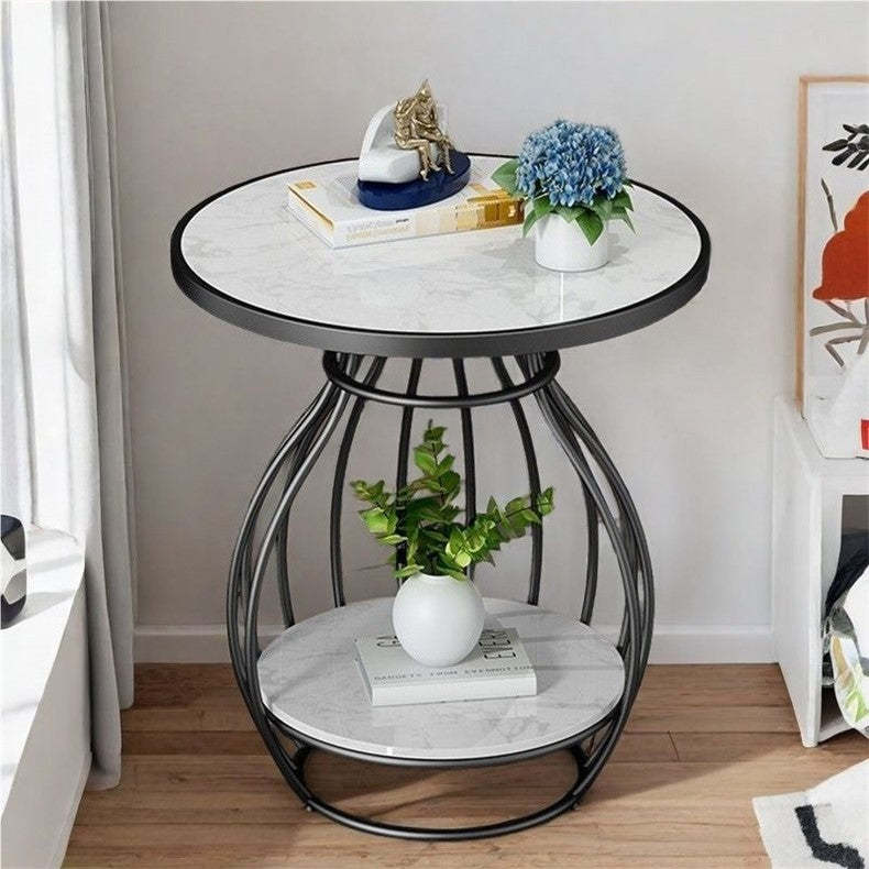 Minimalist Metal Rock Slab 2-Tier Side Table — Round / Gold Frame + Lauren White Board
