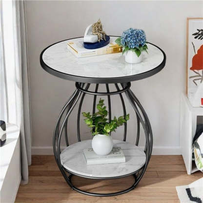Minimalist Metal Rock Slab 2-Tier Side Table — Round / Gold Frame + Lauren White Board