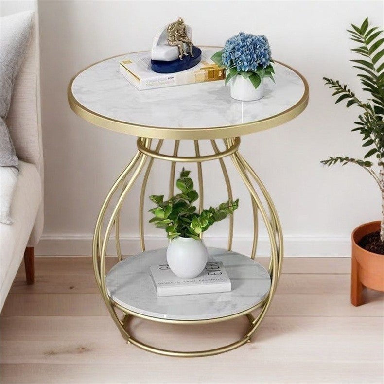 Minimalist Metal Rock Slab 2-Tier Side Table — Round / Gold Frame + Marble White Board