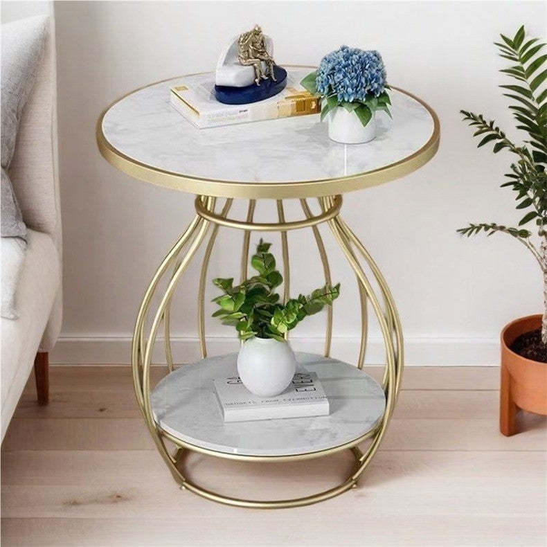 Minimalist Metal Rock Slab 2-Tier Side Table — Round / Gold Frame + Marble White Board