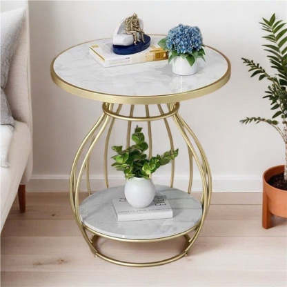 Minimalist Metal Rock Slab 2-Tier Side Table — Round / Gold Frame + Marble White Board