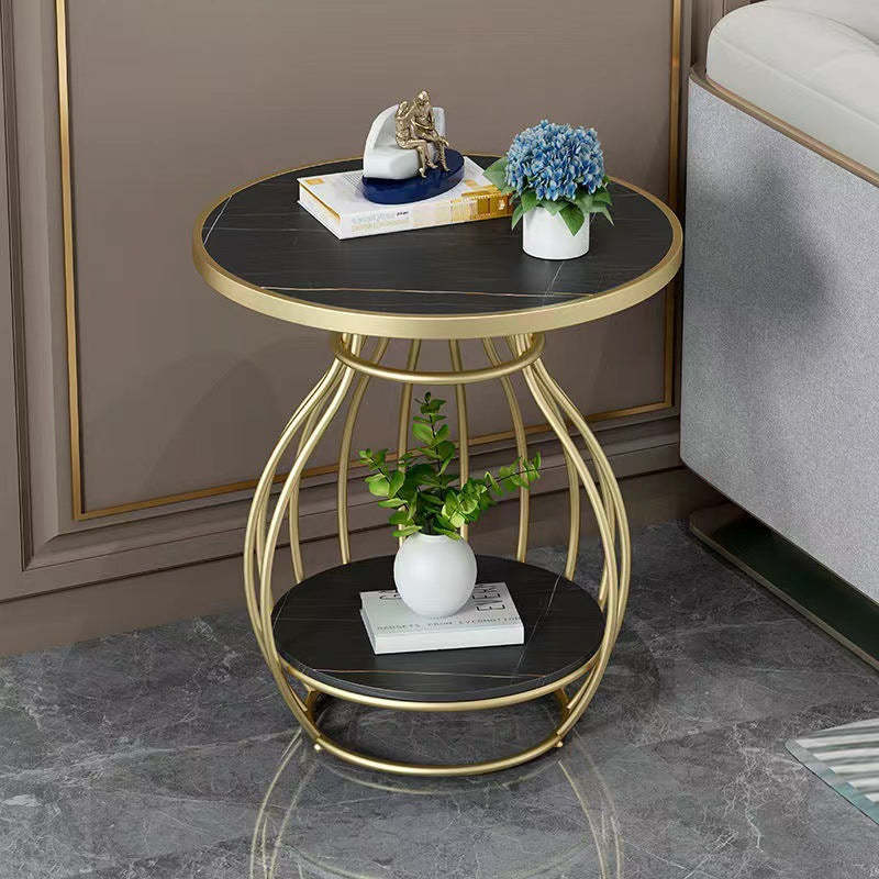 Minimalist Metal Rock Slab 2-Tier Side Table — Rectangle / Black Frame + Lauren White Board