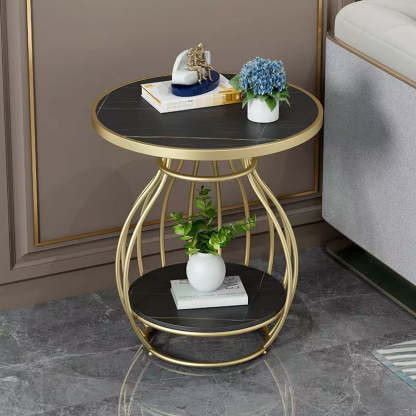 Minimalist Metal Rock Slab 2-Tier Side Table — Rectangle / Black Frame + Lauren White Board