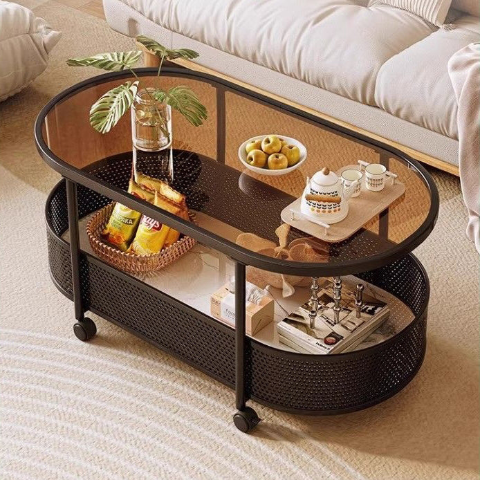Nordic Cream Oval Iron Glass 2-Tier Coffee Table — White Frame + Transparent Glass
