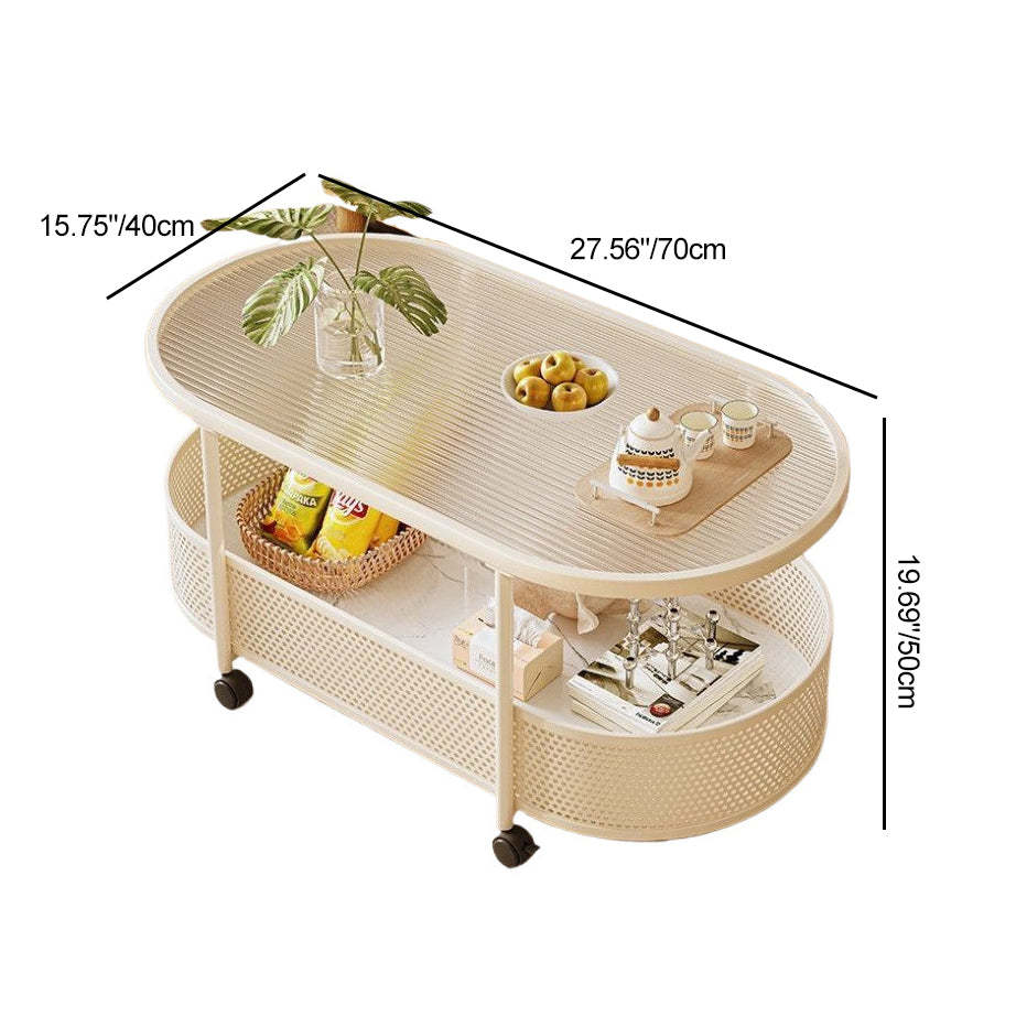 Nordic Cream Oval Iron Glass 2-Tier Coffee Table — White Frame + Transparent Glass