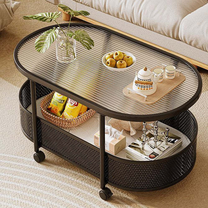 Nordic Cream Oval Iron Glass 2-Tier Coffee Table — Black Frame + Transparent Glass