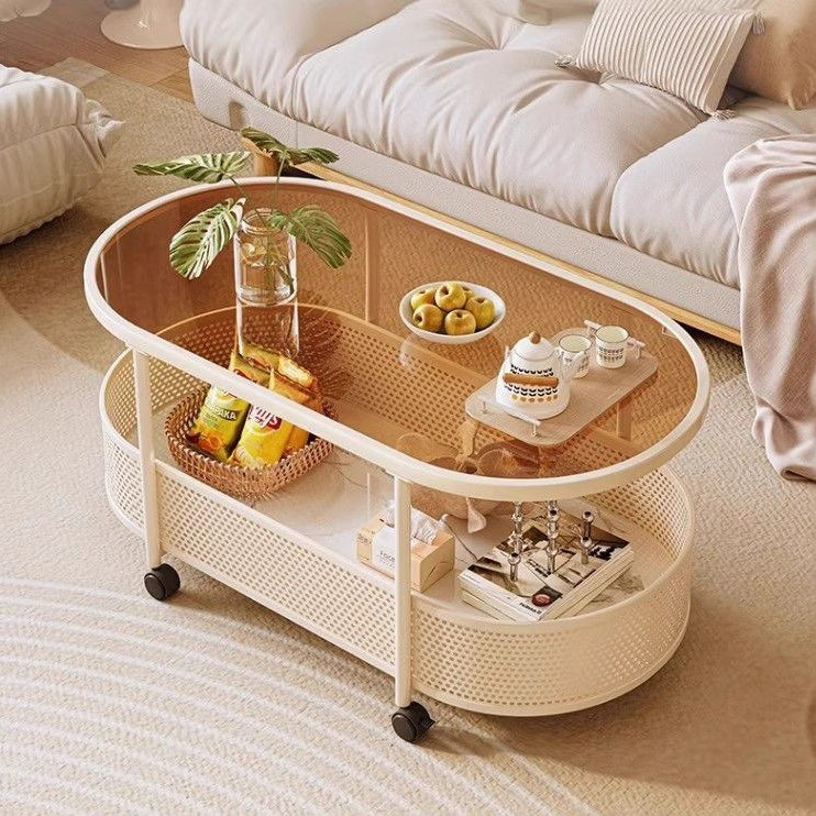 Nordic Cream Oval Iron Glass 2-Tier Coffee Table — White Frame + Tea Color Glass