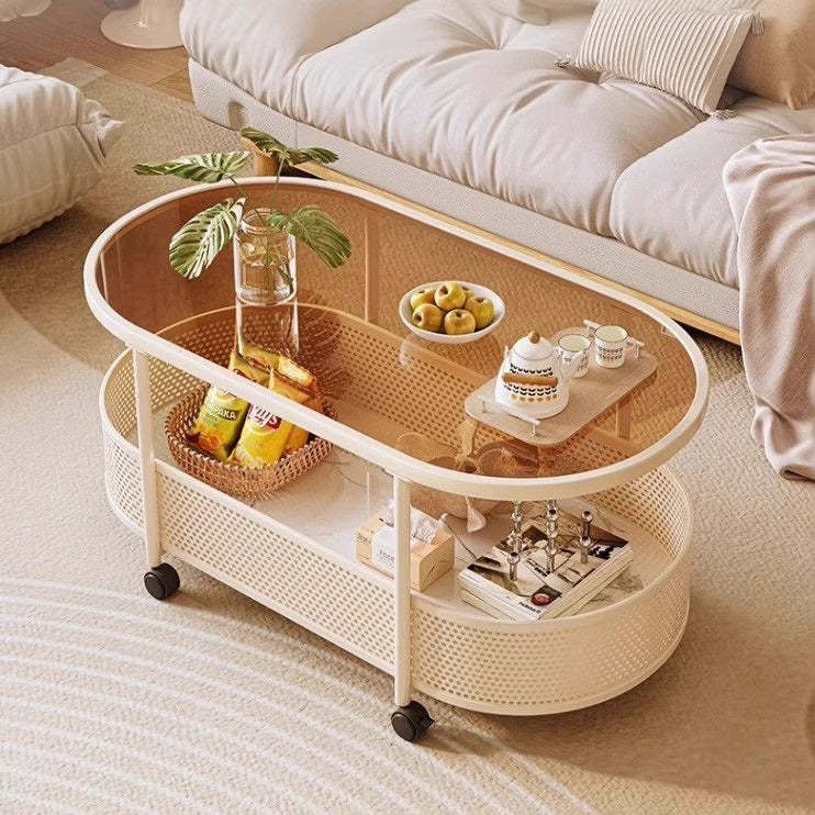 Nordic Cream Oval Iron Glass 2-Tier Coffee Table — White Frame + Tea Color Glass